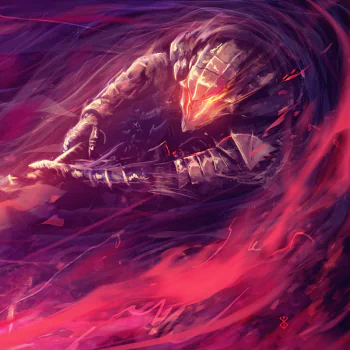 Forum avatar of Guts (Berserk): anime-style Black Swordsman in dark armor with a fiery visor glow and swirling red-purple energy.
