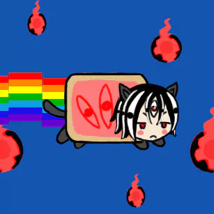 Forum avatar: chibi Soul Eater–style character with black hair and cat ears on a Nyan Cat toast body, rainbow trail and red soul flames against a blue background.