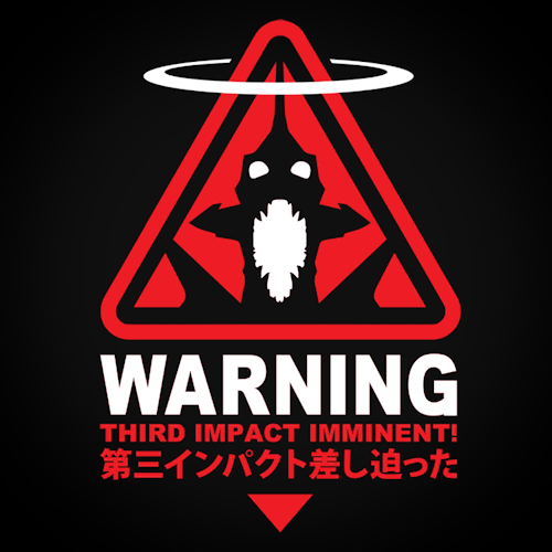 Forum avatar featuring a bold red warning triangle with a black and white silhouette from Neon Genesis Evangelion, accompanied by the text WARNING THIRD IMPACT IMMINENT! in English and Japanese.