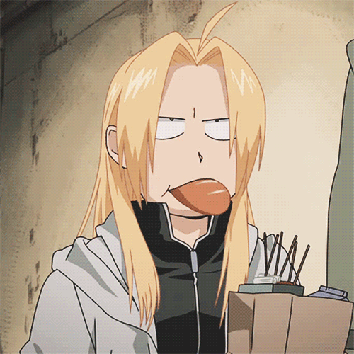 Edward Elric from Fullmetal Alchemist making a funny face while holding a box of pocky sticks in an anime-style forum avatar.