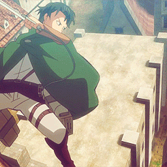 Anime profile photo of Levi Ackerman from Attack on Titan, showing him mid-action with his green cloak, on a city wall.