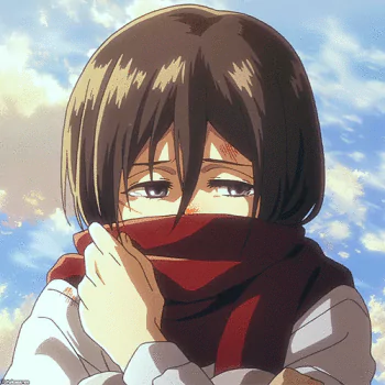 Close-up of Mikasa Ackerman from Attack on Titan anime, with short dark hair and a red scarf covering her mouth, set against a bright sky background.