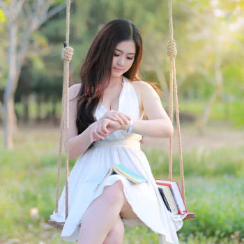 white dress brunette model asian woman PFP