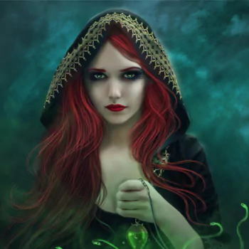 lipstick green eyes hood red hair fantasy woman PFP