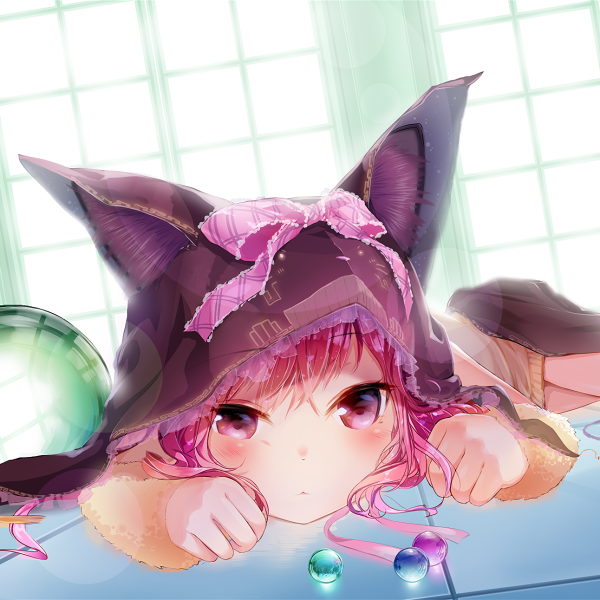 Anime girl nekomimi (animal ears) pfp: pink-haired, cat-eared girl in a hood, leaning forward with wide eyes and pastel beads — stylized forum avatar/profile photo.