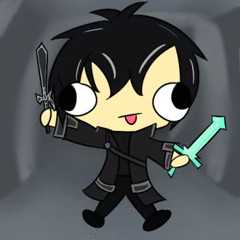 Chibi-style anime character from Sword Art Online holding two swords, portrayed with exaggerated eyes and playful expression as a forum avatar.