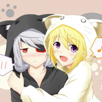 Anime-style forum avatar featuring Laura Bodewig and Charlotte Dunois from Infinite Stratos, both wearing animal hoodies with contrasting expressions.