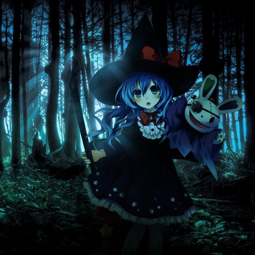 Anime Date A Live forum avatar — blue‑haired witch girl in a moonlit forest, wearing a black hat and holding a rabbit mask.
