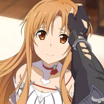 Close-up anime-style portrait of Asuna Yuuki from Sword Art Online, smiling gently with long flowing hair and expressive amber eyes, shown in a warm indoor setting.