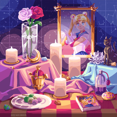 Anime-style forum avatar featuring Sailor Moon reflected in a framed mirror, surrounded by candles, flowers, crystals, and themed objects on a colorful tablecloth under a starry backdrop.