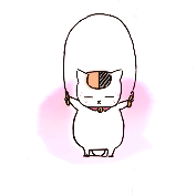 Chibi Natsume Yuujinchou (Natsume's Book of Friends) avatar: small white yokai with an orange forehead mark, holding a looped rope above its head against a soft pink watercolor wash.